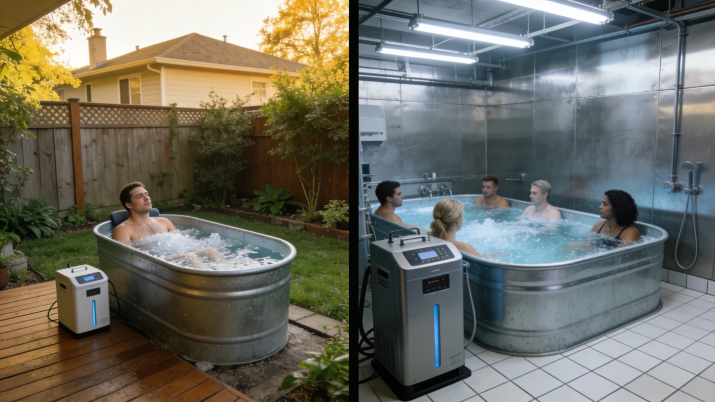 Home ice bath vs commercial cold plunge system in gym environment