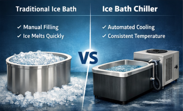 comparison between traditional ice bath with ice and commercial ice bath chiller