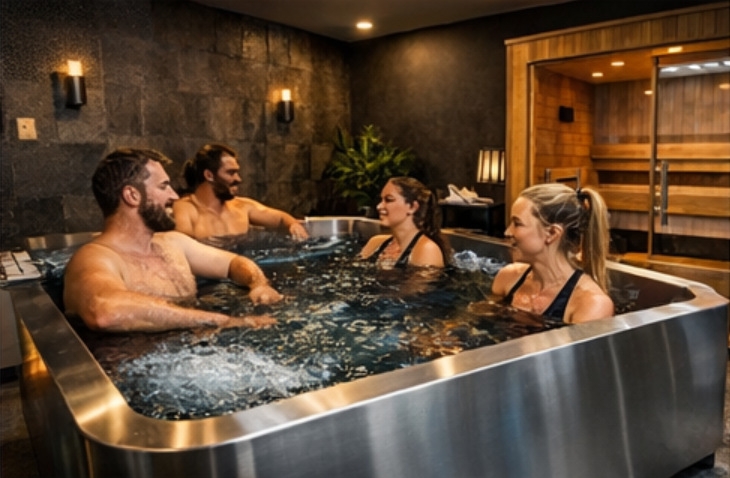 people using a cold plunge tub in a modern social wellness recovery studio