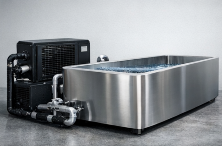 commercial cold plunge tub with integrated ice bath chiller system